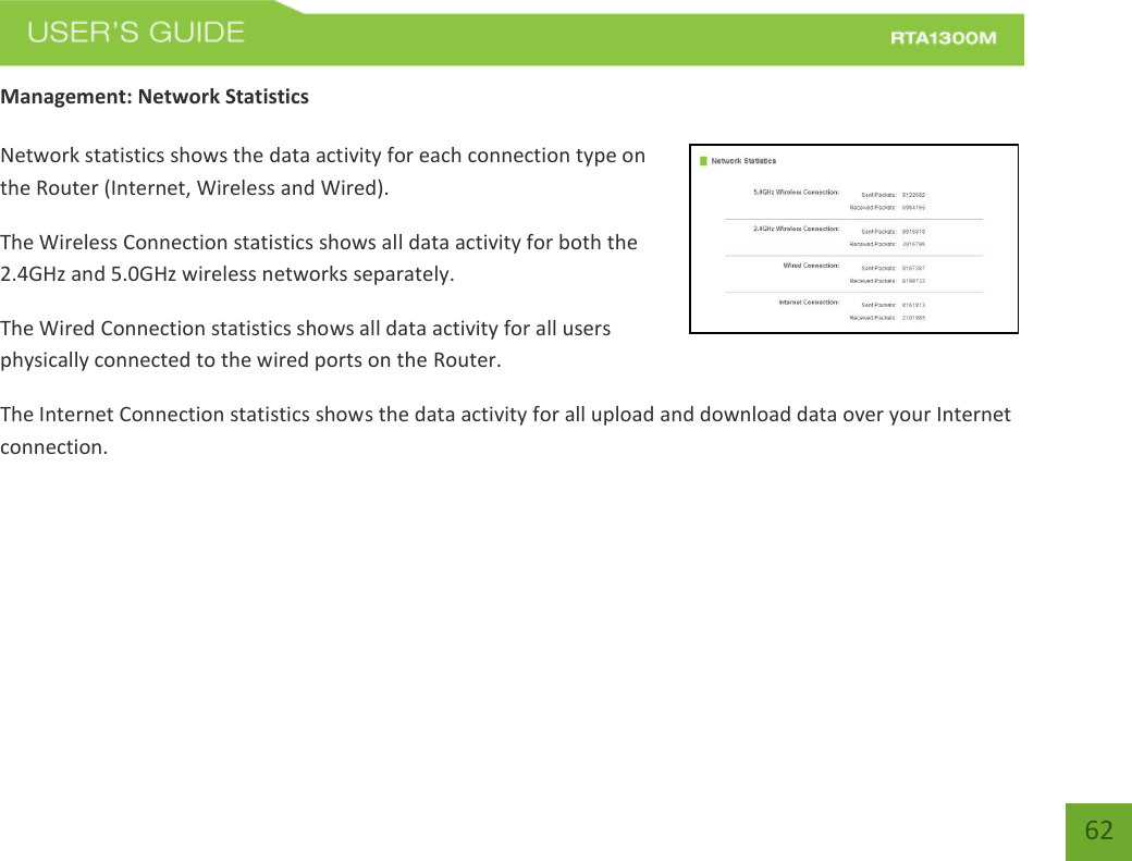    62 Management: Network Statistics  Network statistics shows the data activity for each connection type on the Router (Internet, Wireless and Wired). The Wireless Connection statistics shows all data activity for both the 2.4GHz and 5.0GHz wireless networks separately. The Wired Connection statistics shows all data activity for all users physically connected to the wired ports on the Router. The Internet Connection statistics shows the data activity for all upload and download data over your Internet connection.  