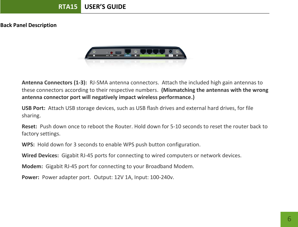 RTA15 USER’S GUIDE    6 Back Panel Description  Antenna Connectors (1-3):  RJ-SMA antenna connectors.  Attach the included high gain antennas to these connectors according to their respective numbers.  (Mismatching the antennas with the wrong antenna connector port will negatively impact wireless performance.) USB Port:  Attach USB storage devices, such as USB flash drives and external hard drives, for file sharing.   Reset:  Push down once to reboot the Router. Hold down for 5-10 seconds to reset the router back to factory settings. WPS:  Hold down for 3 seconds to enable WPS push button configuration. Wired Devices:  Gigabit RJ-45 ports for connecting to wired computers or network devices. Modem:  Gigabit RJ-45 port for connecting to your Broadband Modem. Power:  Power adapter port.  Output: 12V 1A, Input: 100-240v. 