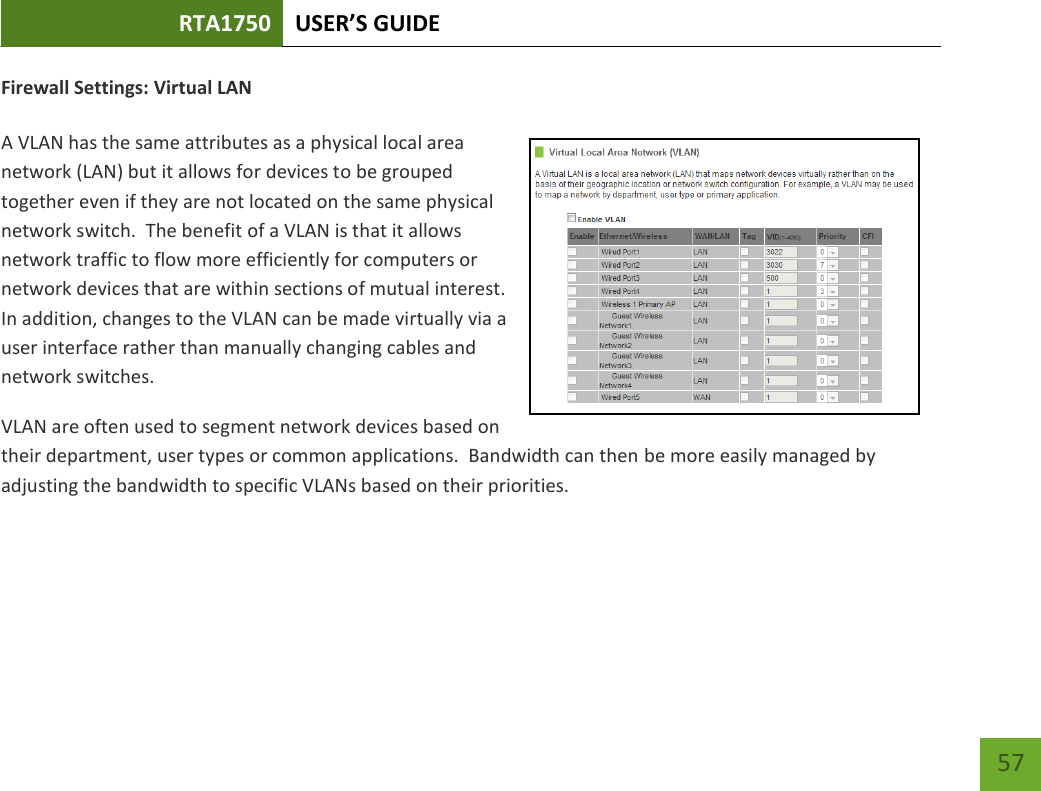 RTA1750 USER’S GUIDE    57 Firewall Settings: Virtual LAN  A VLAN has the same attributes as a physical local area network (LAN) but it allows for devices to be grouped together even if they are not located on the same physical network switch.  The benefit of a VLAN is that it allows network traffic to flow more efficiently for computers or network devices that are within sections of mutual interest.  In addition, changes to the VLAN can be made virtually via a user interface rather than manually changing cables and network switches. VLAN are often used to segment network devices based on their department, user types or common applications.  Bandwidth can then be more easily managed by adjusting the bandwidth to specific VLANs based on their priorities. 