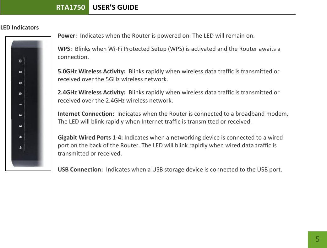 RTA1750 USER’S GUIDE    5 LED Indicators Power:  Indicates when the Router is powered on. The LED will remain on. WPS:  Blinks when Wi-Fi Protected Setup (WPS) is activated and the Router awaits a connection. 5.0GHz Wireless Activity:  Blinks rapidly when wireless data traffic is transmitted or received over the 5GHz wireless network. 2.4GHz Wireless Activity:  Blinks rapidly when wireless data traffic is transmitted or received over the 2.4GHz wireless network. Internet Connection:  Indicates when the Router is connected to a broadband modem. The LED will blink rapidly when Internet traffic is transmitted or received.  Gigabit Wired Ports 1-4: Indicates when a networking device is connected to a wired port on the back of the Router. The LED will blink rapidly when wired data traffic is transmitted or received.  USB Connection:  Indicates when a USB storage device is connected to the USB port. 