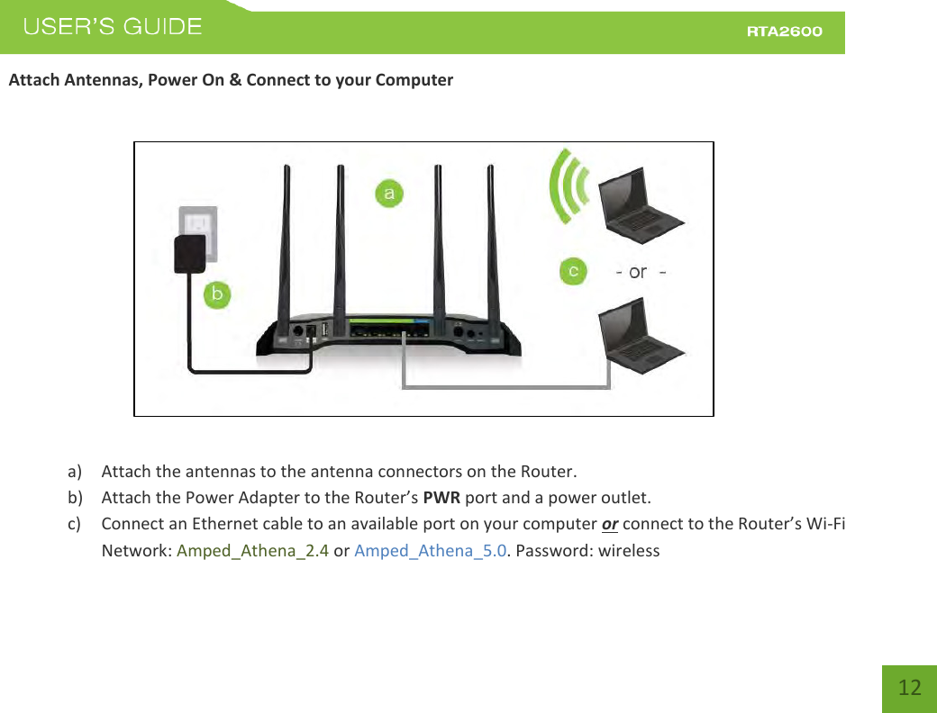    12   Attach Antennas, Power On &amp; Connect to your Computer    a) Attach the antennas to the antenna connectors on the Router. b) Attah the Poe Adapte to the Route’s PWR port and a power outlet. c) Connect an Ethernet cable to an available port on your computer or oet to the Route’s Wi-Fi Network: Amped_Athena_2.4 or Amped_Athena_5.0. Password: wireless 