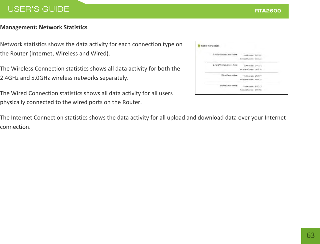    63 Management: Network Statistics  Network statistics shows the data activity for each connection type on the Router (Internet, Wireless and Wired). The Wireless Connection statistics shows all data activity for both the 2.4GHz and 5.0GHz wireless networks separately. The Wired Connection statistics shows all data activity for all users physically connected to the wired ports on the Router. The Internet Connection statistics shows the data activity for all upload and download data over your Internet connection.  