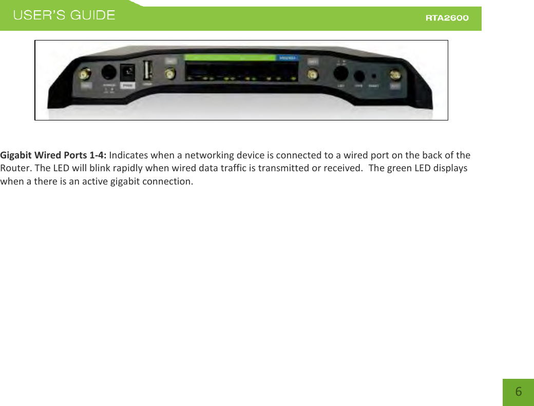    6    Gigabit Wired Ports 1-4: Indicates when a networking device is connected to a wired port on the back of the Router. The LED will blink rapidly when wired data traffic is transmitted or received.  The green LED displays when a there is an active gigabit connection.           