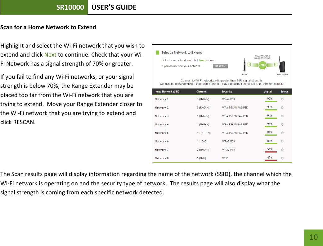 SR10000 USER’S GUIDE   10 10 Scan for a Home Network to Extend  Highlight and select the Wi-Fi network that you wish to extend and click Next to continue. Check that your Wi-Fi Network has a signal strength of 70% or greater. If you fail to find any Wi-Fi networks, or your signal strength is below 70%, the Range Extender may be placed too far from the Wi-Fi network that you are trying to extend.  Move your Range Extender closer to the Wi-Fi network that you are trying to extend and click RESCAN.    The Scan results page will display information regarding the name of the network (SSID), the channel which the Wi-Fi network is operating on and the security type of network.  The results page will also display what the signal strength is coming from each specific network detected.  