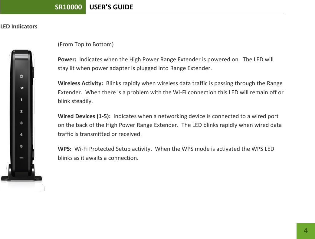 SR10000 USER’S GUIDE    4 LED Indicators  (From Top to Bottom) Power:  Indicates when the High Power Range Extender is powered on.  The LED will stay lit when power adapter is plugged into Range Extender.   Wireless Activity:  Blinks rapidly when wireless data traffic is passing through the Range Extender.  When there is a problem with the Wi-Fi connection this LED will remain off or blink steadily. Wired Devices (1-5):  Indicates when a networking device is connected to a wired port on the back of the High Power Range Extender.  The LED blinks rapidly when wired data traffic is transmitted or received.  WPS:  Wi-Fi Protected Setup activity.  When the WPS mode is activated the WPS LED blinks as it awaits a connection. 