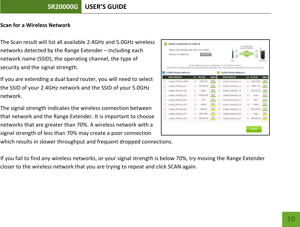 SR20000G USER’S GUIDE   10 10 Scan for a Wireless Network  The Scan result will list all available 2.4GHz and 5.0GHz wireless networks detected by the Range Extender – including each network name (SSID), the operating channel, the type of security and the signal strength.  If you are extending a dual band router, you will need to select the SSID of your 2.4GHz network and the SSID of your 5.0GHz network. The signal strength indicates the wireless connection between that network and the Range Extender. It is important to choose networks that are greater than 70%. A wireless network with a signal strength of less than 70% may create a poor connection which results in slower throughput and frequent dropped connections.   If you fail to find any wireless networks, or your signal strength is below 70%, try moving the Range Extender closer to the wireless network that you are trying to repeat and click SCAN again.  