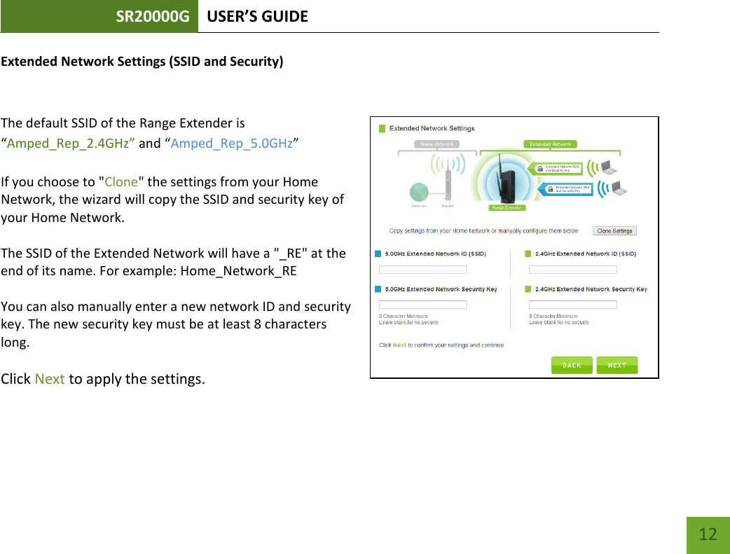 SR20000G USER’S GUIDE   12 12 Extended Network Settings (SSID and Security)   The default SSID of the Range Extender is “Amped_Rep_2.4GHz” and “Amped_Rep_5.0GHz”  If you choose to &quot;Clone&quot; the settings from your Home Network, the wizard will copy the SSID and security key of your Home Network.  The SSID of the Extended Network will have a &quot;_RE&quot; at the end of its name. For example: Home_Network_RE  You can also manually enter a new network ID and security key. The new security key must be at least 8 characters long.  Click Next to apply the settings.    