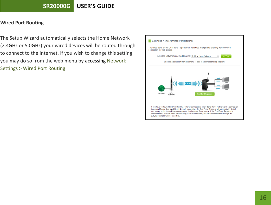 SR20000G USER’S GUIDE   16 16 Wired Port Routing  The Setup Wizard automatically selects the Home Network (2.4GHz or 5.0GHz) your wired devices will be routed through to connect to the Internet. If you wish to change this setting you may do so from the web menu by accessing Network Settings &gt; Wired Port Routing    