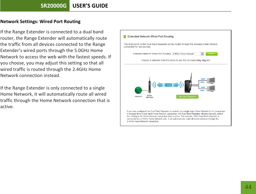 SR20000G USER’S GUIDE   44 44 Network Settings: Wired Port Routing If the Range Extender is connected to a dual band router, the Range Extender will automatically route the traffic from all devices connected to the Range Extender’s wired ports through the 5.0GHz Home Network to access the web with the fastest speeds. If you choose, you may adjust this setting so that all wired traffic is routed through the 2.4GHz Home Network connection instead.    If the Range Extender is only connected to a single Home Network, it will automatically route all wired traffic through the Home Network connection that is active. 