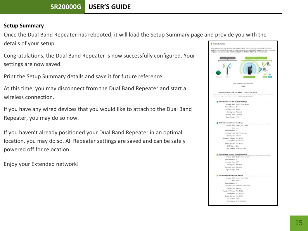 SR20000G USER’S GUIDE    15 Setup Summary  Once the Dual Band Repeater has rebooted, it will load the Setup Summary page and provide you with the details of your setup.  Congratulations, the Dual Band Repeater is now successfully configured. Your settings are now saved.   Print the Setup Summary details and save it for future reference. At this time, you may disconnect from the Dual Band Repeater and start a wireless connection. If you have any wired devices that you would like to attach to the Dual Band Repeater, you may do so now. If you haven’t already positioned your Dual Band Repeater in an optimal location, you may do so. All Repeater settings are saved and can be safely powered off for relocation. Enjoy your Extended network! 