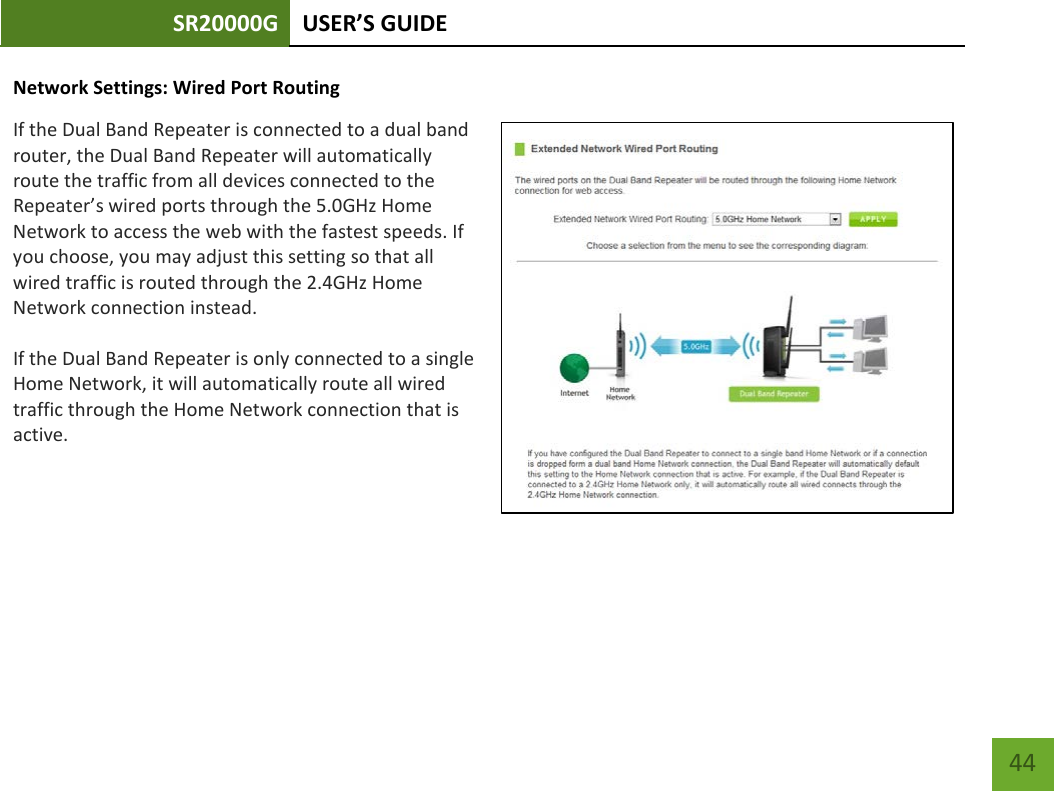 SR20000G USER’S GUIDE    44 Network Settings: Wired Port Routing If the Dual Band Repeater is connected to a dual band router, the Dual Band Repeater will automatically route the traffic from all devices connected to the Repeater’s wired ports through the 5.0GHz Home Network to access the web with the fastest speeds. If you choose, you may adjust this setting so that all wired traffic is routed through the 2.4GHz Home Network connection instead.    If the Dual Band Repeater is only connected to a single Home Network, it will automatically route all wired traffic through the Home Network connection that is active. 