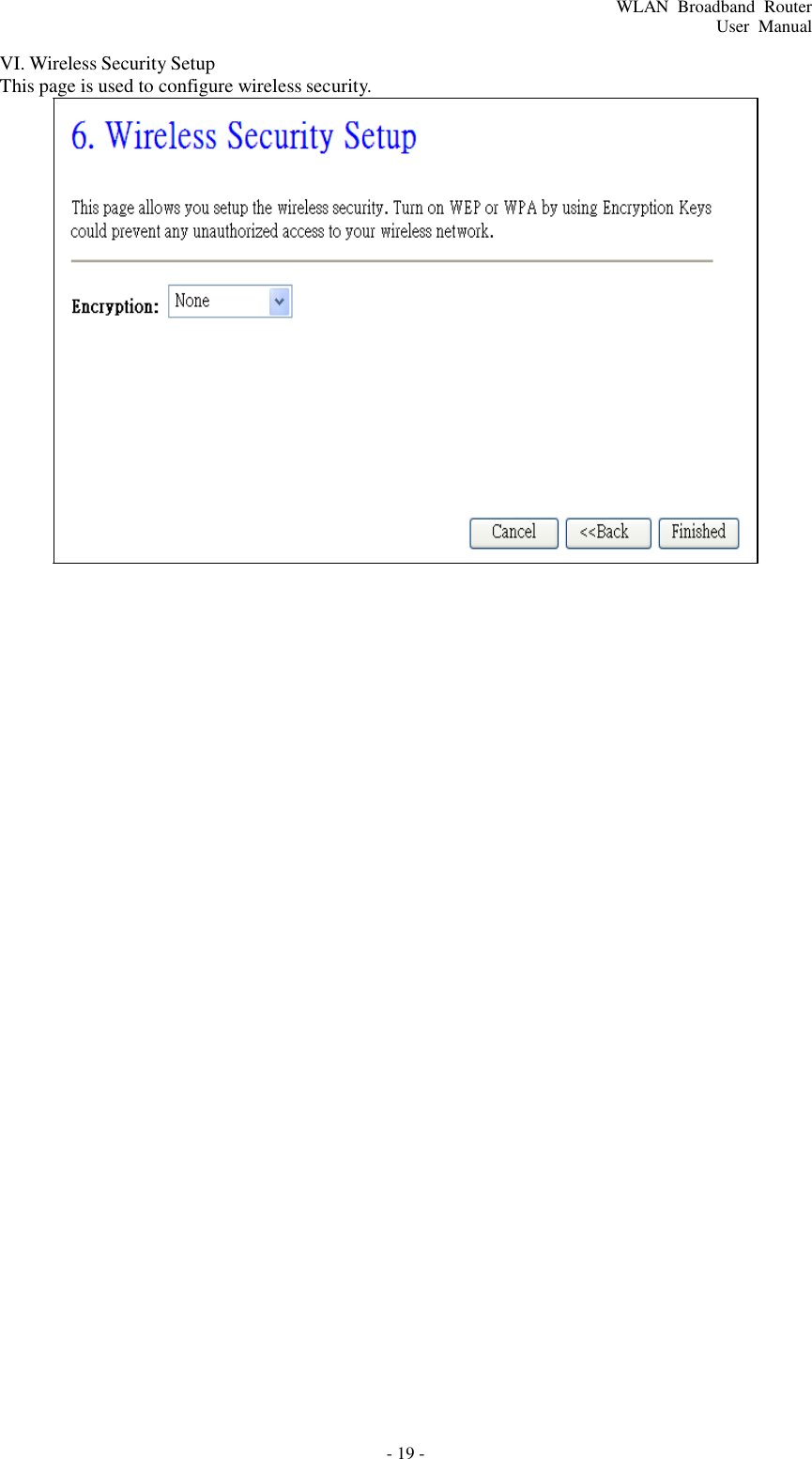 - 19 - WLAN  Broadband  Router User  Manual      VI. Wireless Security Setup This page is used to configure wireless security. 