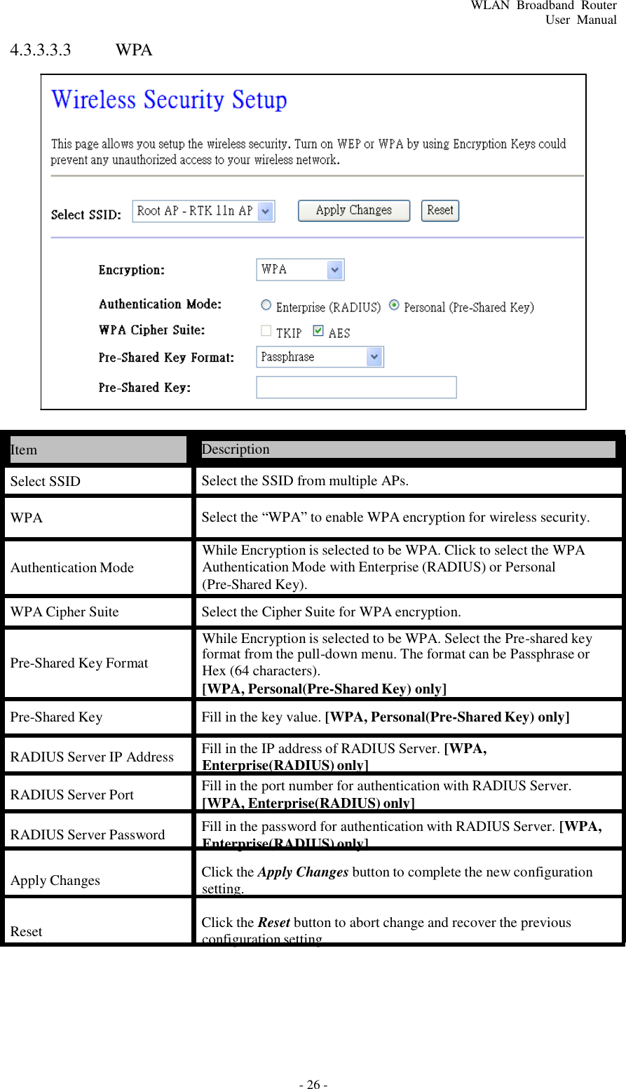 - 26 - WLAN  Broadband  Router User  Manual 4.3.3.3.3 WPA                               Item  Description  Select SSID  Select the SSID from multiple APs.  WPA  Select the “WPA” to enable WPA encryption for wireless security.   Authentication Mode  While Encryption is selected to be WPA. Click to select the WPA Authentication Mode with Enterprise (RADIUS) or Personal (Pre-Shared Key).  WPA Cipher Suite  Select the Cipher Suite for WPA encryption.  While Encryption is selected to be WPA. Select the Pre-shared key  Pre-Shared Key Format  format from the pull-down menu. The format can be Passphrase or Hex (64 characters). [WPA, Personal(Pre-Shared Key) only]  Pre-Shared Key  Fill in the key value. [WPA, Personal(Pre-Shared Key) only]  RADIUS Server IP Address  Fill in the IP address of RADIUS Server. [WPA, Enterprise(RADIUS) only] RADIUS Server Port  Fill in the port number for authentication with RADIUS Server. [WPA, Enterprise(RADIUS) only]  RADIUS Server Password  Fill in the password for authentication with RADIUS Server. [WPA, Enterprise(RADIUS) only]  Apply Changes Click the Apply Changes button to complete the new configuration setting.  Reset  Click the Reset button to abort change and recover the previous configuration setting. 