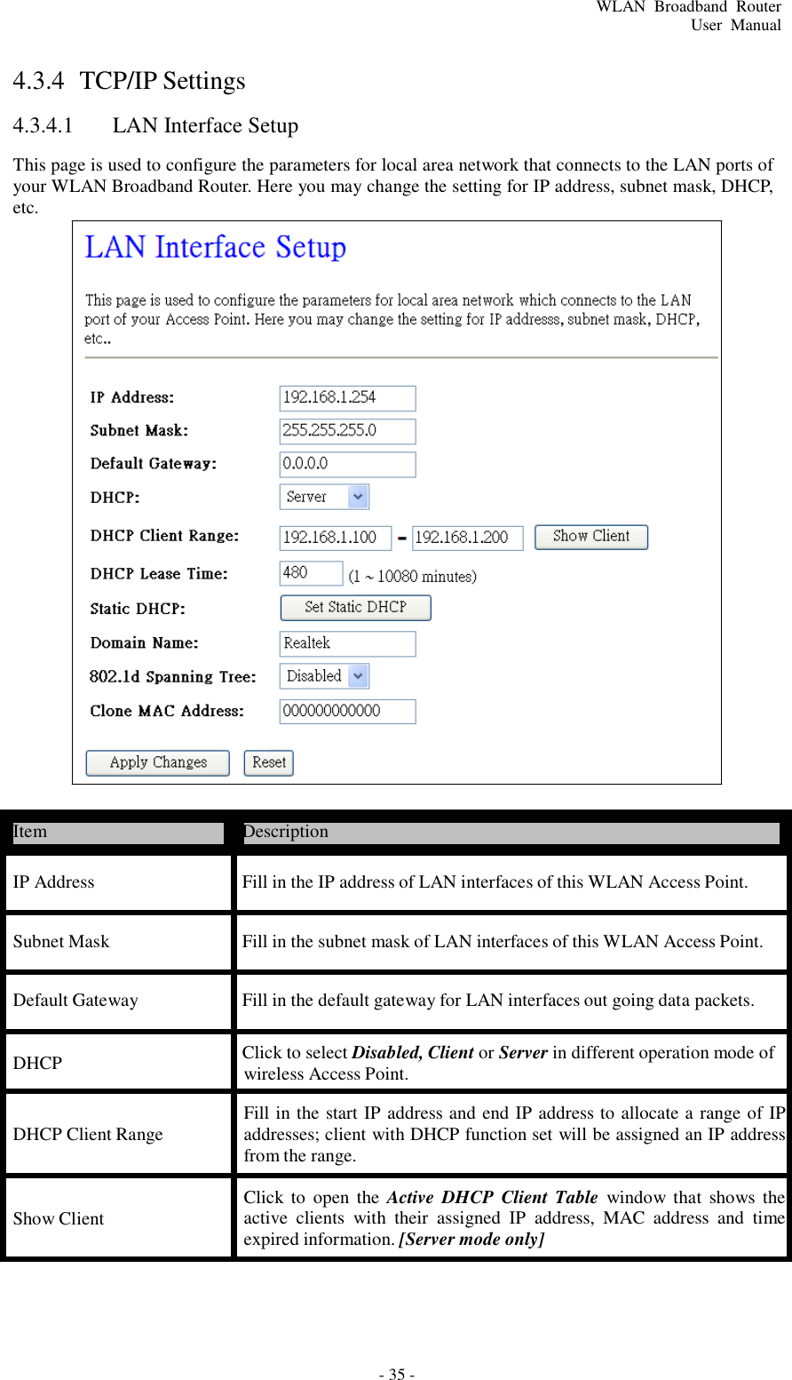 - 35 - WLAN  Broadband  Router User  Manual       4.3.4  TCP/IP Settings  4.3.4.1  LAN Interface Setup  This page is used to configure the parameters for local area network that connects to the LAN ports of your WLAN Broadband Router. Here you may change the setting for IP address, subnet mask, DHCP, etc.                                 Item  Description  IP Address  Fill in the IP address of LAN interfaces of this WLAN Access Point.   Subnet Mask  Fill in the subnet mask of LAN interfaces of this WLAN Access Point.   Default Gateway  Fill in the default gateway for LAN interfaces out going data packets.  DHCP  Click to select Disabled, Client or Server in different operation mode of wireless Access Point.   DHCP Client Range  Fill in the start IP address and end IP address to allocate a range of IP addresses; client with DHCP function set will be assigned an IP address from the range.   Show Client  Click  to open  the  Active  DHCP  Client  Table window  that  shows the active  clients  with  their  assigned  IP  address,  MAC  address  and  time expired information. [Server mode only] 