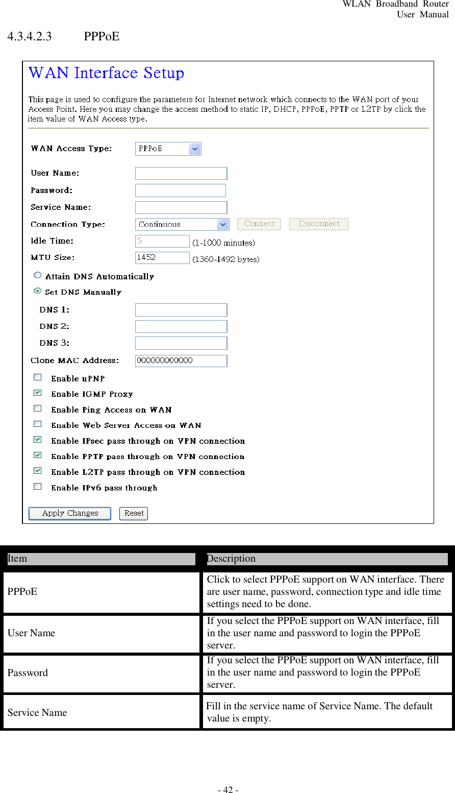 - 42 - WLAN  Broadband  Router User  Manual      4.3.4.2.3  PPPoE                                                 Item  Description   PPPoE    User Name    Password Click to select PPPoE support on WAN interface. There are user name, password, connection type and idle time settings need to be done. If you select the PPPoE support on WAN interface, fill in the user name and password to login the PPPoE server. If you select the PPPoE support on WAN interface, fill in the user name and password to login the PPPoE server.  Service Name  Fill in the service name of Service Name. The default value is empty. 