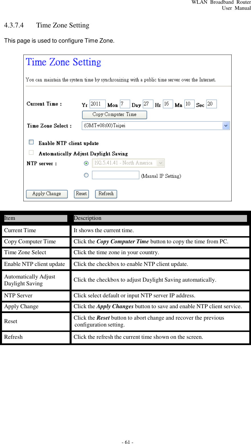 - 61 - WLAN  Broadband  Router User  Manual       4.3.7.4  Time Zone Setting  This page is used to configure Time Zone.                             Item  Description  Current Time  It shows the current time.  Copy Computer Time  Click the Copy Computer Time button to copy the time from PC. Time Zone Select  Click the time zone in your country. Enable NTP client update  Click the checkbox to enable NTP client update.  Automatically Adjust Daylight Saving  Click the checkbox to adjust Daylight Saving automatically.  NTP Server  Click select default or input NTP server IP address. Apply Change  Click the Apply Changes button to save and enable NTP client service. Reset  Click the Reset button to abort change and recover the previous configuration setting.  Refresh  Click the refresh the current time shown on the screen. 