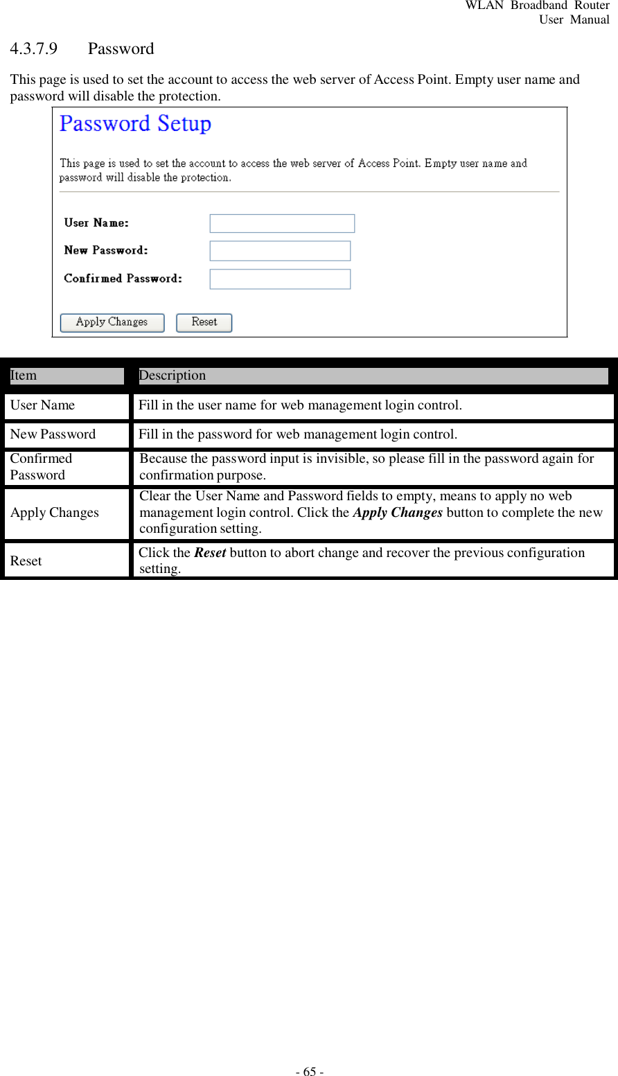 - 65 - WLAN  Broadband  Router User  Manual      4.3.7.9  Password  This page is used to set the account to access the web server of Access Point. Empty user name and password will disable the protection.                   Item  Description  User Name  Fill in the user name for web management login control.  New Password  Fill in the password for web management login control.  Confirmed Password  Apply Changes  Because the password input is invisible, so please fill in the password again for confirmation purpose. Clear the User Name and Password fields to empty, means to apply no web management login control. Click the Apply Changes button to complete the new configuration setting.  Reset  Click the Reset button to abort change and recover the previous configuration setting. 