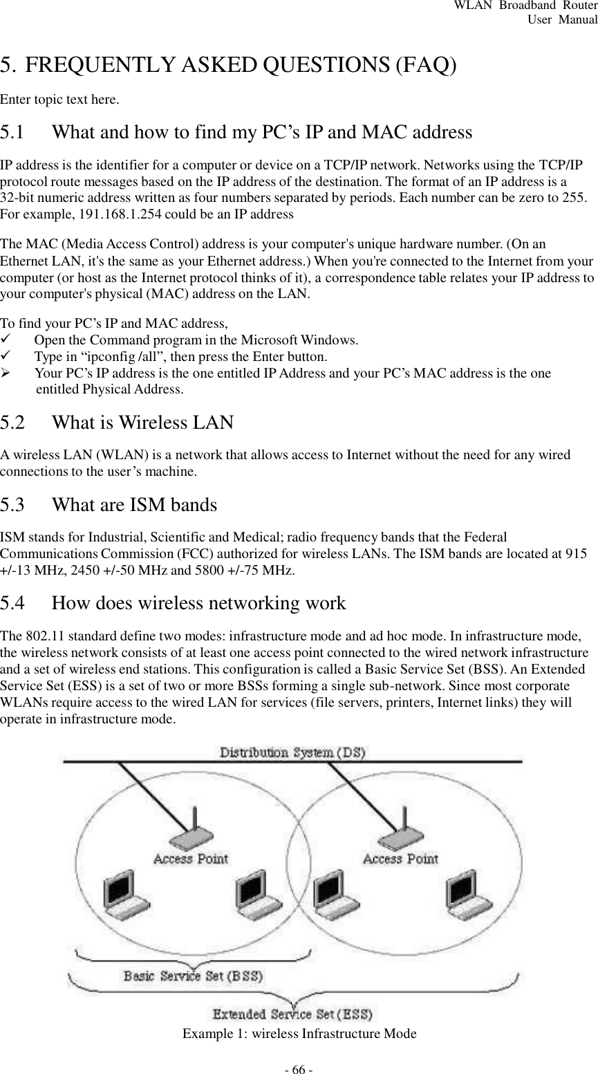 - 66 - WLAN  Broadband  Router User  Manual       5. FREQUENTLY ASKED QUESTIONS (FAQ)  Enter topic text here.  5.1  What and how to find my PC’s IP and MAC address   IP address is the identifier for a computer or device on a TCP/IP network. Networks using the TCP/IP protocol route messages based on the IP address of the destination. The format of an IP address is a 32-bit numeric address written as four numbers separated by periods. Each number can be zero to 255. For example, 191.168.1.254 could be an IP address  The MAC (Media Access Control) address is your computer&apos;s unique hardware number. (On an Ethernet LAN, it&apos;s the same as your Ethernet address.) When you&apos;re connected to the Internet from your computer (or host as the Internet protocol thinks of it), a correspondence table relates your IP address to your computer&apos;s physical (MAC) address on the LAN.  To find your PC’s IP and MAC address,    Open the Command program in the Microsoft Windows.    Type in “ipconfig /all”, then press the Enter button.    Your PC’s IP address is the one entitled IP Address and your PC’s MAC address is the one entitled Physical Address.  5.2  What is Wireless LAN   A wireless LAN (WLAN) is a network that allows access to Internet without the need for any wired connections to the user’s machine.  5.3  What are ISM bands   ISM stands for Industrial, Scientific and Medical; radio frequency bands that the Federal Communications Commission (FCC) authorized for wireless LANs. The ISM bands are located at 915 +/-13 MHz, 2450 +/-50 MHz and 5800 +/-75 MHz.  5.4  How does wireless networking work   The 802.11 standard define two modes: infrastructure mode and ad hoc mode. In infrastructure mode, the wireless network consists of at least one access point connected to the wired network infrastructure and a set of wireless end stations. This configuration is called a Basic Service Set (BSS). An Extended Service Set (ESS) is a set of two or more BSSs forming a single sub-network. Since most corporate WLANs require access to the wired LAN for services (file servers, printers, Internet links) they will operate in infrastructure mode.                      Example 1: wireless Infrastructure Mode 