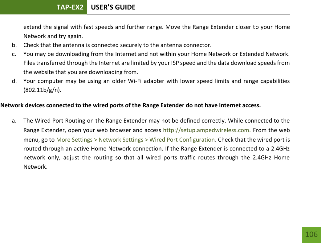 TAP-EX2 USER’S GUIDE   106 106 extend the signal with fast speeds and further range. Move the Range Extender closer to your Home Network and try again. b. Check that the antenna is connected securely to the antenna connector.  c. You may be downloading from the Internet and not within your Home Network or Extended Network. Files transferred through the Internet are limited by your ISP speed and the data download speeds from the website that you are downloading from. d. Your computer may be  using  an  older Wi-Fi adapter  with lower speed  limits and  range  capabilities (802.11b/g/n). Network devices connected to the wired ports of the Range Extender do not have Internet access. a. The Wired Port Routing on the Range Extender may not be defined correctly. While connected to the Range Extender, open your web browser and access http://setup.ampedwireless.com. From the web menu, go to More Settings &gt; Network Settings &gt; Wired Port Configuration. Check that the wired port is routed through an active Home Network connection. If the Range Extender is connected to a 2.4GHz network  only,  adjust  the  routing  so  that  all  wired  ports  traffic  routes  through  the  2.4GHz  Home Network.   