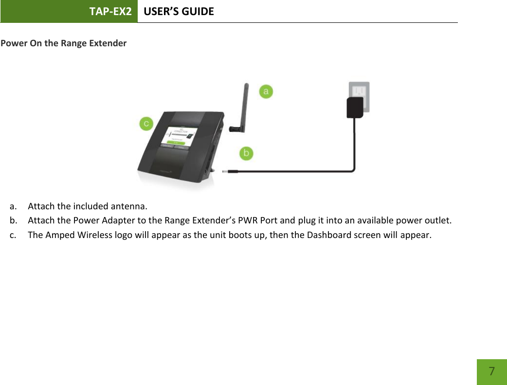 TAP-EX2 USER’S GUIDE   7 7 Power On the Range Extender  a. Attach the included antenna. b. Attach the Power Adapter to the Range Extender’s PWR Port and plug it into an available power outlet.  c. The Amped Wireless logo will appear as the unit boots up, then the Dashboard screen will appear.    