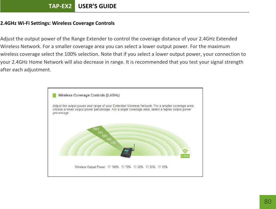 TAP-EX2 USER’S GUIDE   80 80 2.4GHz Wi-Fi Settings: Wireless Coverage Controls   Adjust the output power of the Range Extender to control the coverage distance of your 2.4GHz Extended Wireless Network. For a smaller coverage area you can select a lower output power. For the maximum wireless coverage select the 100% selection. Note that if you select a lower output power, your connection to your 2.4GHz Home Network will also decrease in range. It is recommended that you test your signal strength after each adjustment. 