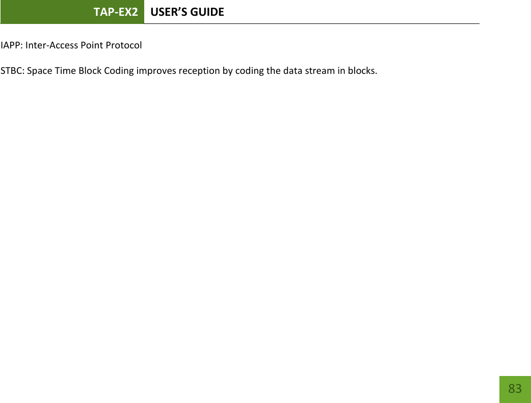 TAP-EX2 USER’S GUIDE   83 83 IAPP: Inter-Access Point Protocol STBC: Space Time Block Coding improves reception by coding the data stream in blocks.   