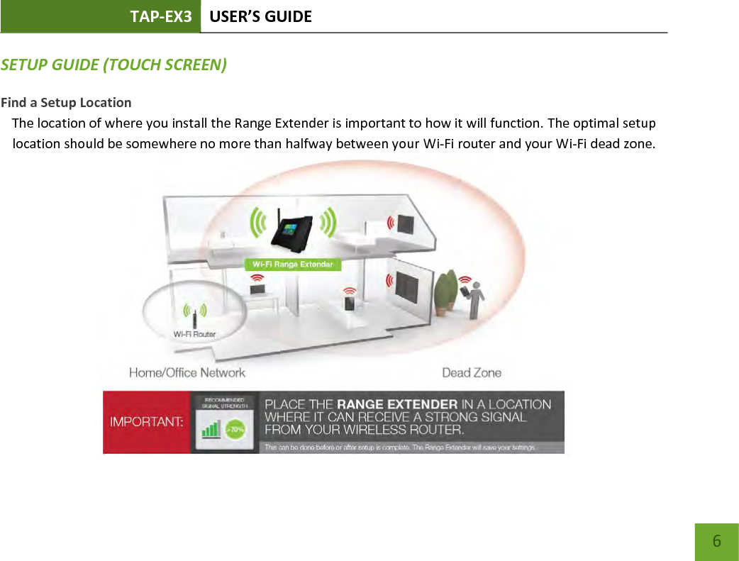 TAP-EX3 USER’S GUIDE   6 6 SETUP GUIDE (TOUCH SCREEN) Find a Setup Location The location of where you install the Range Extender is important to how it will function. The optimal setup location should be somewhere no more than halfway between your Wi-Fi router and your Wi-Fi dead zone.      