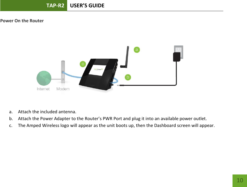 TAP-R2 USER’S GUIDE    10 Power On the Router              a. Attach the included antenna. b. Attach the Power Adapter to the Router’s PWR Port and plug it into an available power outlet.  c. The Amped Wireless logo will appear as the unit boots up, then the Dashboard screen will appear. 