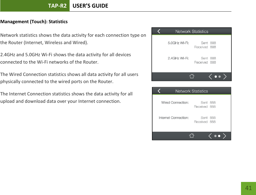 TAP-R2 USER’S GUIDE    41 Management (Touch): Statistics  Network statistics shows the data activity for each connection type on the Router (Internet, Wireless and Wired). 2.4GHz and 5.0GHz Wi-Fi shows the data activity for all devices connected to the Wi-Fi networks of the Router. The Wired Connection statistics shows all data activity for all users physically connected to the wired ports on the Router. The Internet Connection statistics shows the data activity for all upload and download data over your Internet connection.     