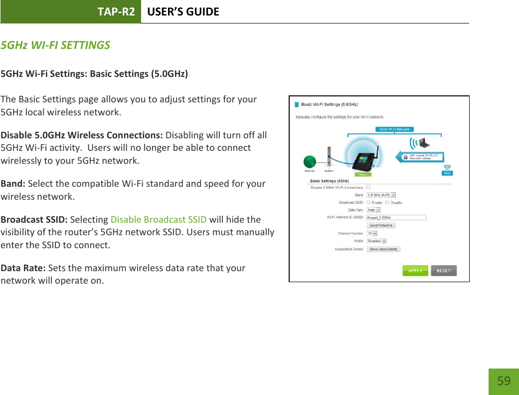 TAP-R2 USER’S GUIDE    59 5GHz WI-FI SETTINGS  5GHz Wi-Fi Settings: Basic Settings (5.0GHz)  The Basic Settings page allows you to adjust settings for your 5GHz local wireless network. Disable 5.0GHz Wireless Connections: Disabling will turn off all 5GHz Wi-Fi activity.  Users will no longer be able to connect wirelessly to your 5GHz network. Band: Select the compatible Wi-Fi standard and speed for your wireless network. Broadcast SSID: Selecting Disable Broadcast SSID will hide the visibility of the router’s 5GHz network SSID. Users must manually enter the SSID to connect. Data Rate: Sets the maximum wireless data rate that your network will operate on.    