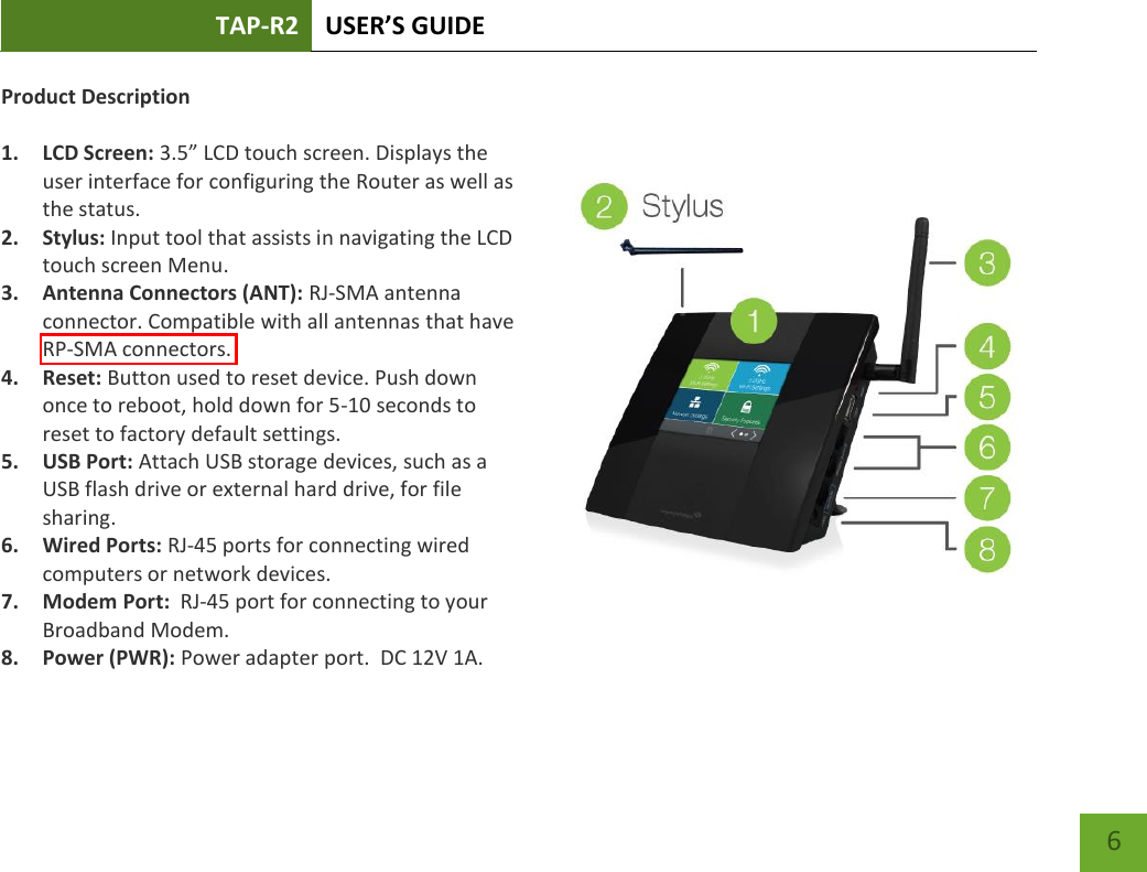 TAP-R2 USER’S GUIDE    6 Product Description  1. LCD Screen: 3.5” LCD touch screen. Displays the user interface for configuring the Router as well as the status. 2. Stylus: Input tool that assists in navigating the LCD touch screen Menu. 3. Antenna Connectors (ANT): RJ-SMA antenna connector. Compatible with all antennas that have RP-SMA connectors. 4. Reset: Button used to reset device. Push down once to reboot, hold down for 5-10 seconds to reset to factory default settings. 5. USB Port: Attach USB storage devices, such as a USB flash drive or external hard drive, for file sharing. 6. Wired Ports: RJ-45 ports for connecting wired computers or network devices. 7. Modem Port:  RJ-45 port for connecting to your Broadband Modem. 8. Power (PWR): Power adapter port.  DC 12V 1A. 