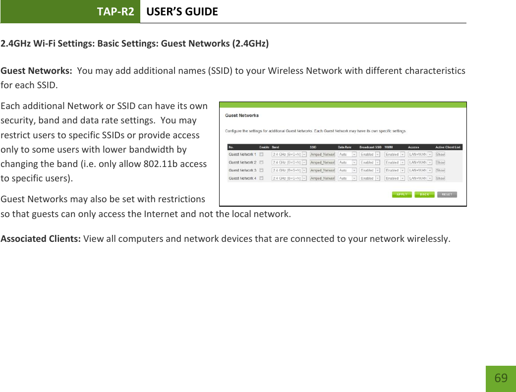 TAP-R2 USER’S GUIDE    69 2.4GHz Wi-Fi Settings: Basic Settings: Guest Networks (2.4GHz)  Guest Networks:  You may add additional names (SSID) to your Wireless Network with different characteristics for each SSID. Each additional Network or SSID can have its own security, band and data rate settings.  You may restrict users to specific SSIDs or provide access only to some users with lower bandwidth by changing the band (i.e. only allow 802.11b access to specific users). Guest Networks may also be set with restrictions so that guests can only access the Internet and not the local network. Associated Clients: View all computers and network devices that are connected to your network wirelessly.   