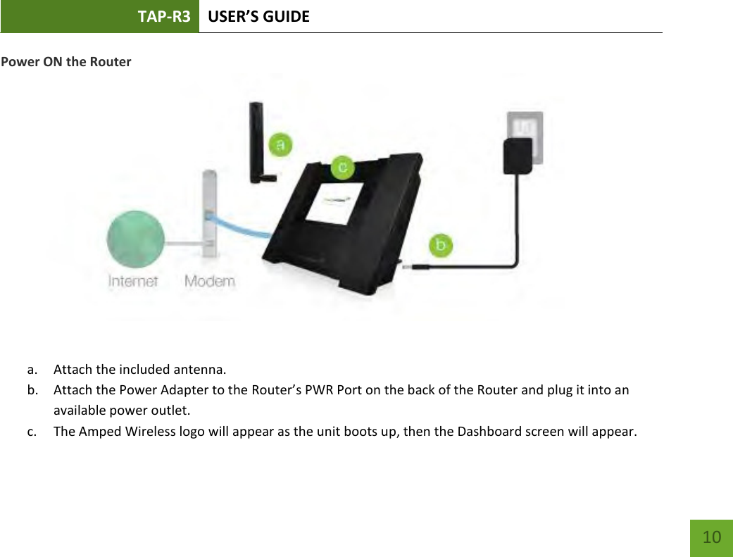 TAP-R3 USER’S GUIDE    10 Power ON the Router   a. Attach the included antenna. b. Attach the Power Adapter to the Router’s PWR Port on the back of the Router and plug it into an available power outlet.  c. The Amped Wireless logo will appear as the unit boots up, then the Dashboard screen will appear. 