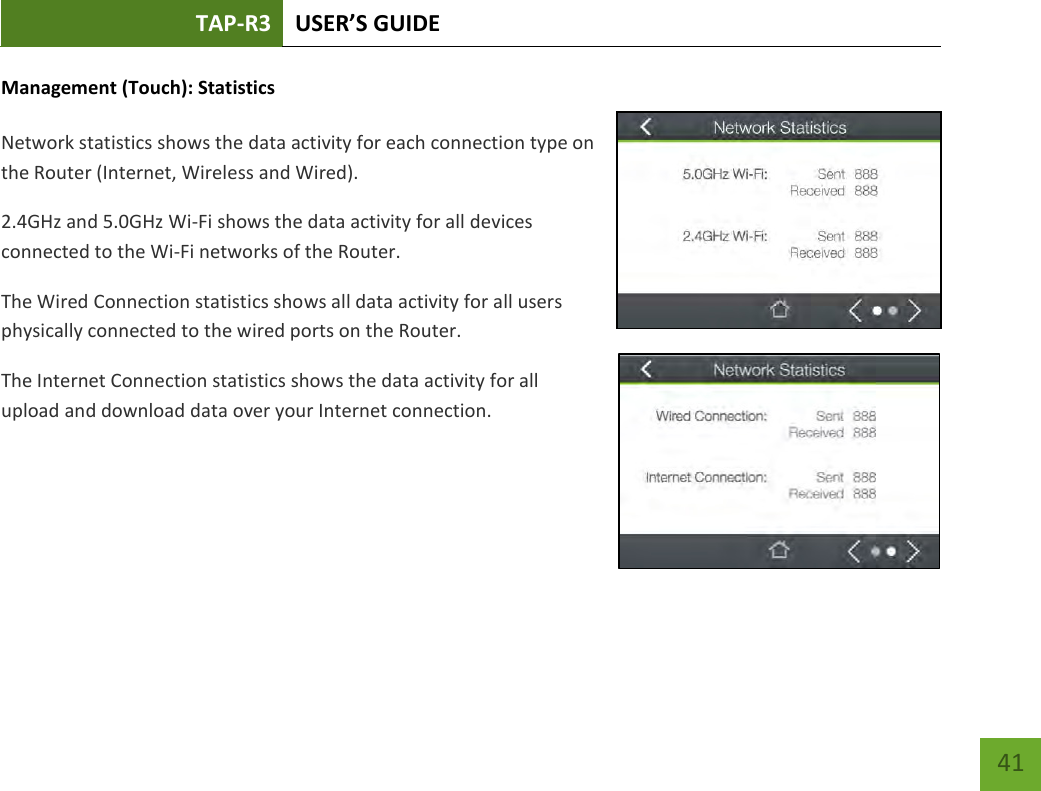 TAP-R3 USER’S GUIDE    41 Management (Touch): Statistics  Network statistics shows the data activity for each connection type on the Router (Internet, Wireless and Wired). 2.4GHz and 5.0GHz Wi-Fi shows the data activity for all devices connected to the Wi-Fi networks of the Router. The Wired Connection statistics shows all data activity for all users physically connected to the wired ports on the Router. The Internet Connection statistics shows the data activity for all upload and download data over your Internet connection.     