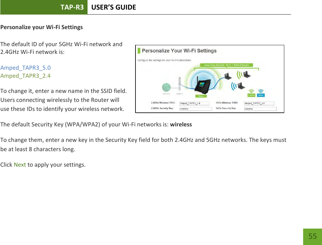 TAP-R3 USER’S GUIDE    55 Personalize your Wi-Fi Settings  The default ID of your 5GHz Wi-Fi network and 2.4GHz Wi-Fi network is:  Amped_TAPR3_5.0 Amped_TAPR3_2.4   To change it, enter a new name in the SSID field.  Users connecting wirelessly to the Router will use these IDs to identify your wireless network. The default Security Key (WPA/WPA2) of your Wi-Fi networks is: wireless To change them, enter a new key in the Security Key field for both 2.4GHz and 5GHz networks. The keys must be at least 8 characters long. Click Next to apply your settings.    