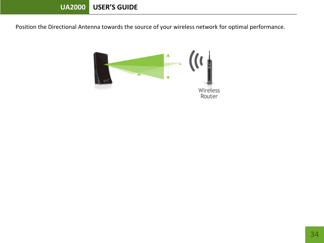 UA2000 USER’S GUIDE    34 Position the Directional Antenna towards the source of your wireless network for optimal performance.     