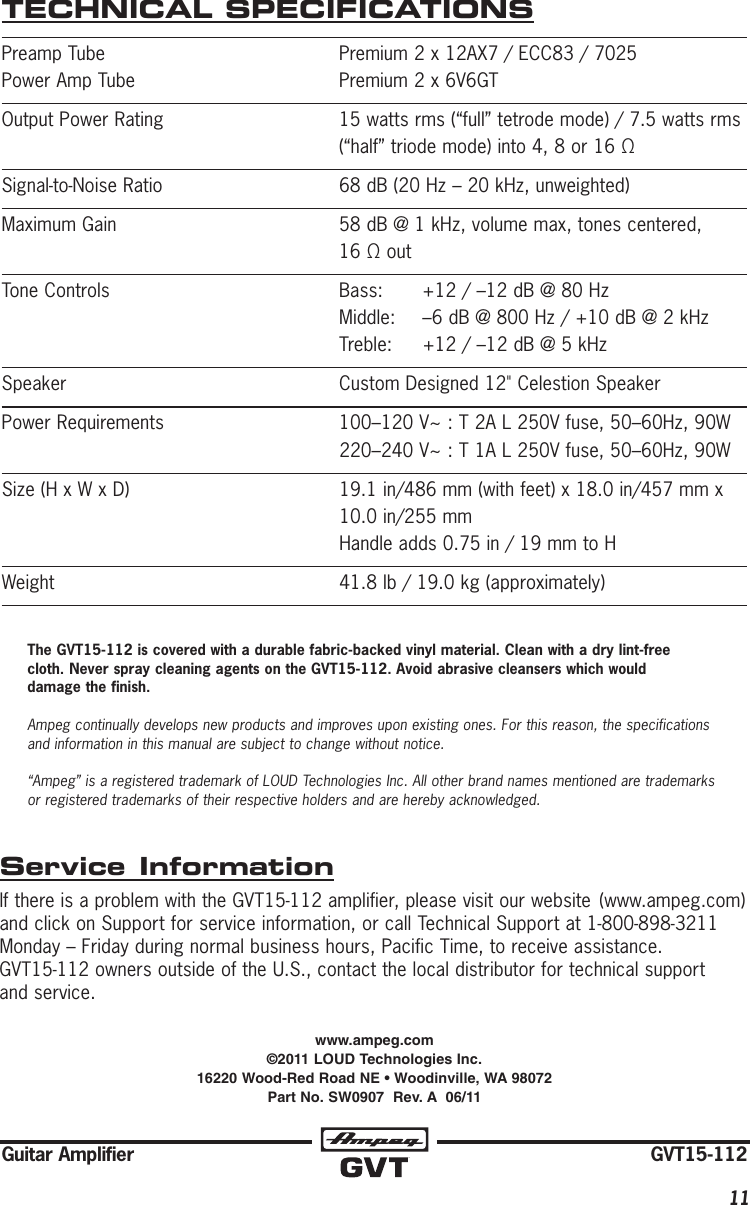 Page 11 of 12 - Ampeg Ampeg-Gvt15H-Owner-S-Manual