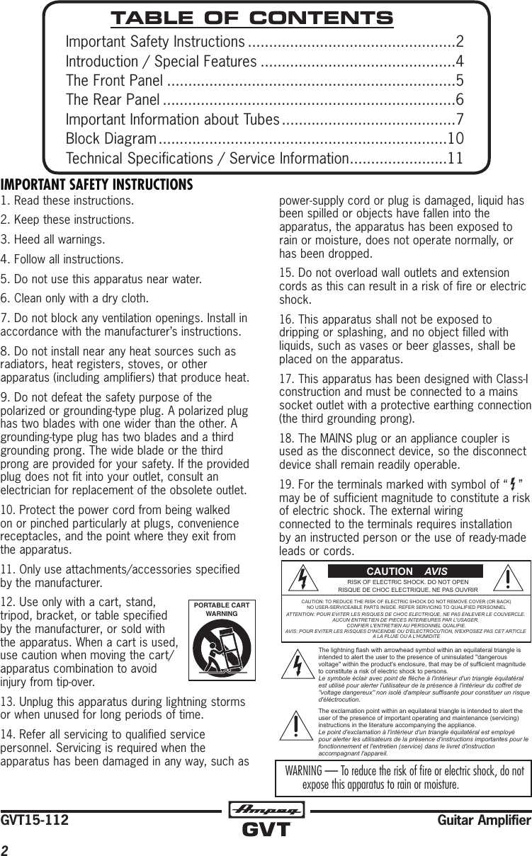 Page 2 of 12 - Ampeg Ampeg-Gvt15H-Owner-S-Manual