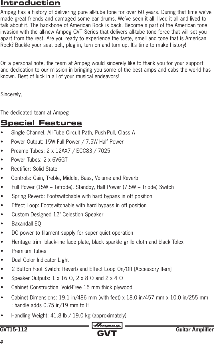 Page 4 of 12 - Ampeg Ampeg-Gvt15H-Owner-S-Manual