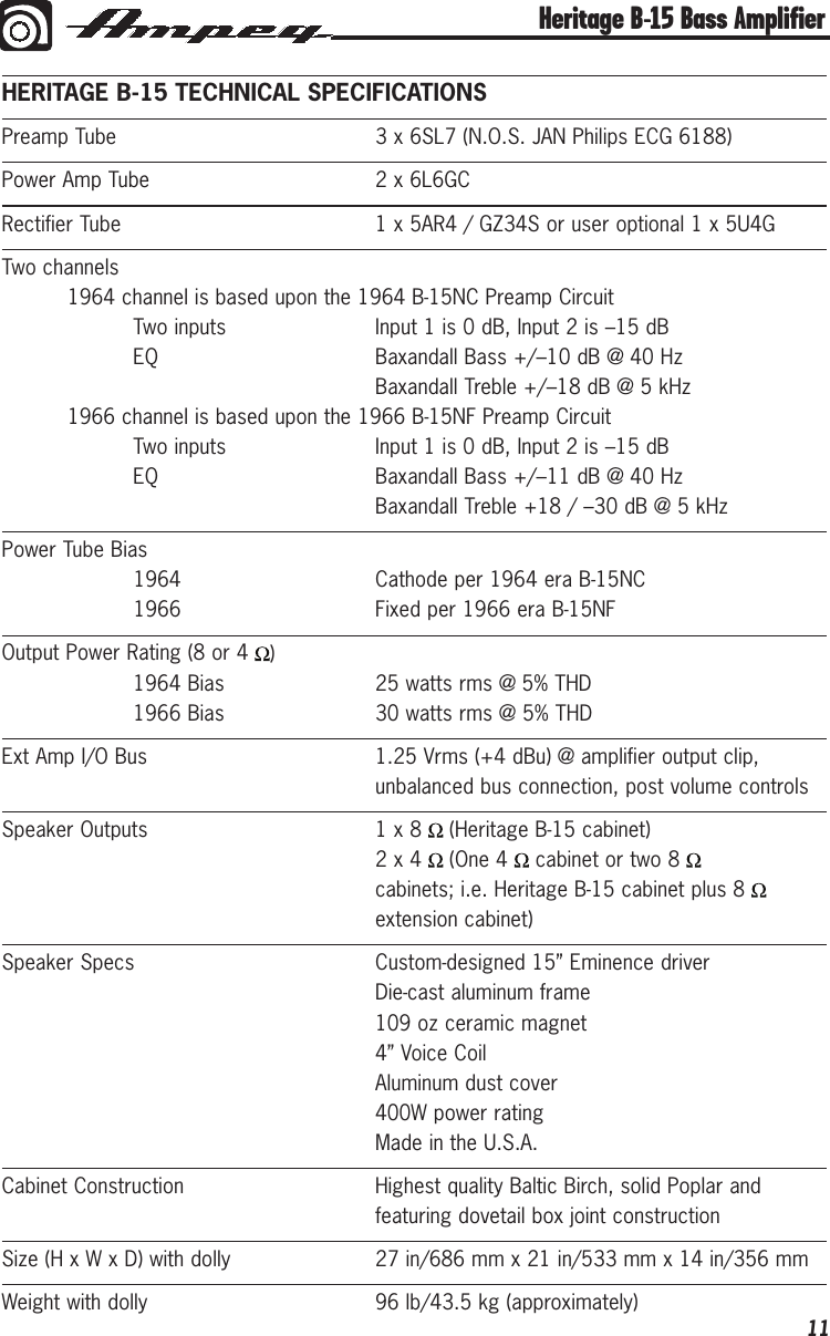 Ampeg Heritage B 15 Users Manual