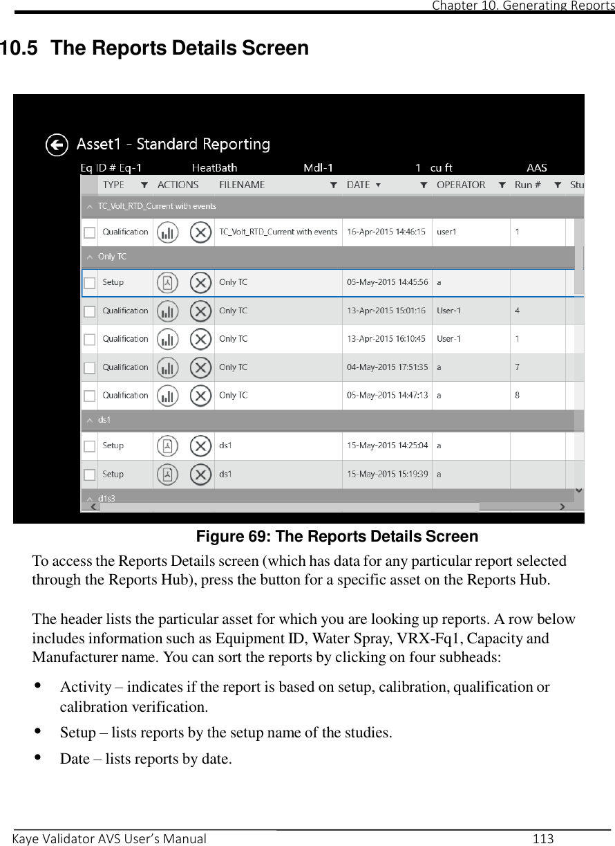                                                                                                                                                                                                                                                                                                                                                                                                                                                                                                Chapter 10. Generating Reports       Kaye Validator AVS User’s Manual     113 10.5  The Reports Details Screen   Figure 69: The Reports Details Screen  To access the Reports Details screen (which has data for any particular report selected through the Reports Hub), press the button for a specific asset on the Reports Hub.      The header lists the particular asset for which you are looking up reports. A row below includes information such as Equipment ID, Water Spray, VRX-Fq1, Capacity and Manufacturer name. You can sort the reports by clicking on four subheads:    • Activity – indicates if the report is based on setup, calibration, qualification or calibration verification.  • Setup – lists reports by the setup name of the studies.  • Date – lists reports by date.  