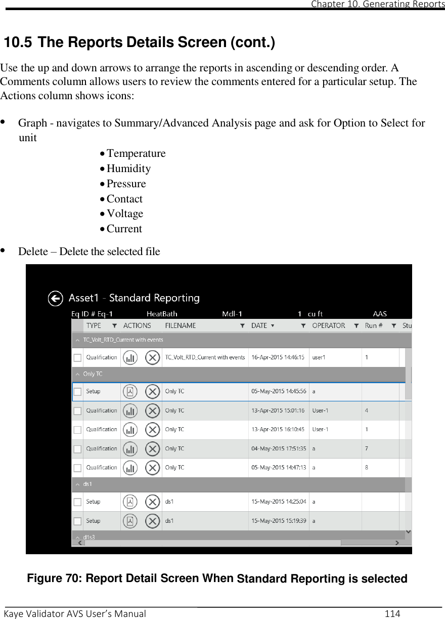                                                                                                                                                                                                                                                                                                                                                                                                                                                                                                Chapter 10. Generating Reports       Kaye Validator AVS User’s Manual     114    10.5 The Reports Details Screen (cont.)  Use the up and down arrows to arrange the reports in ascending or descending order. A Comments column allows users to review the comments entered for a particular setup. The Actions column shows icons:  • Graph - navigates to Summary/Advanced Analysis page and ask for Option to Select for unit  Temperature  Humidity  Pressure  Contact  Voltage  Current  • Delete – Delete the selected file   Figure 70: Report Detail Screen When Standard Reporting is selected  