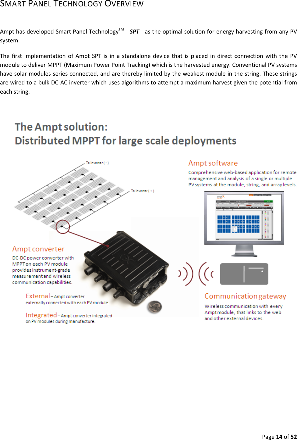 Page14of52SMARTPANELTECHNOLOGYOVERVIEWAmpthasdevelopedSmartPanelTechnologyTM‐SPT‐astheoptimalsolutionforenergyharvestingfromanyPVsystem.ThefirstimplementationofAmptSPTisinastandalonedevicethatisplacedindirectconnectionwiththePVmoduletodeliverMPPT(MaximumPowerPointTracking)whichistheharvestedenergy.ConventionalPVsystemshavesolarmodulesseriesconnected,andaretherebylimitedbytheweakestmoduleinthestring.ThesestringsarewiredtoabulkDC‐ACinverterwhichusesalgorithmstoattemptamaximumharvestgiventhepotentialfromeachstring.