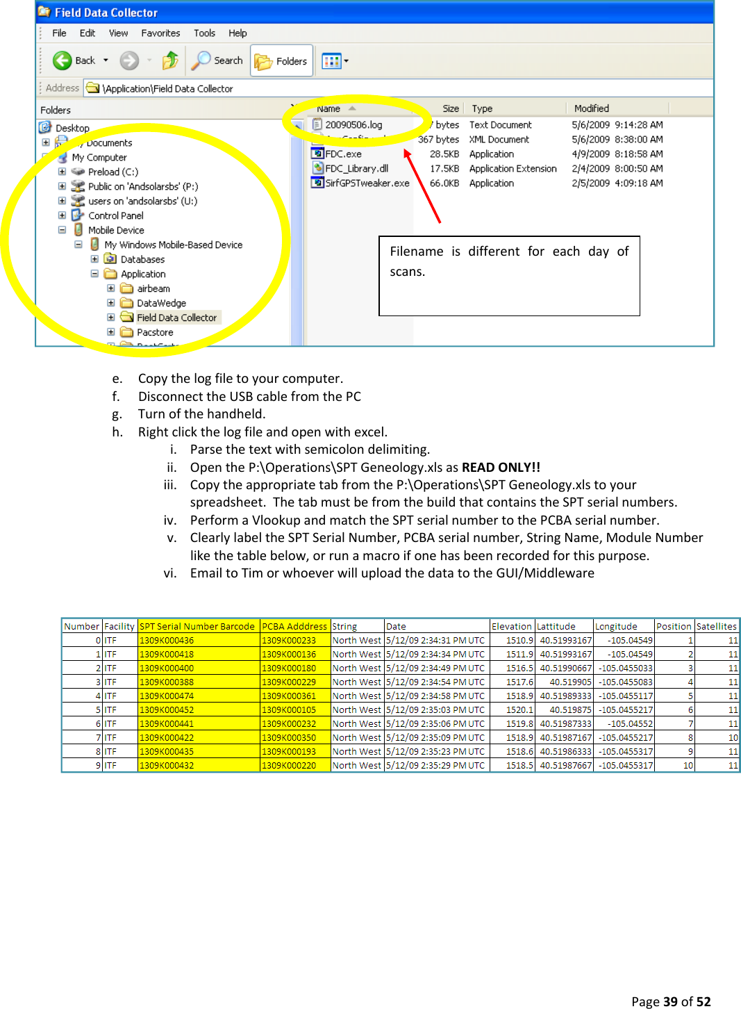 Page39of52e. Copythelogfiletoyourcomputer.f. DisconnecttheUSBcablefromthePCg. Turnofthehandheld.h. Rightclickthelogfileandopenwithexcel.i. Parsethetextwithsemicolondelimiting.ii. OpentheP:\Operations\SPTGeneology.xlsasREADONLY!!iii. CopytheappropriatetabfromtheP:\Operations\SPTGeneology.xlstoyourspreadsheet.ThetabmustbefromthebuildthatcontainstheSPTserialnumbers.iv. PerformaVlookupandmatchtheSPTserialnumbertothePCBAserialnumber.v. ClearlylabeltheSPTSerialNumber,PCBAserialnumber,StringName,ModuleNumberlikethetablebelow,orrunamacroifonehasbeenrecordedforthispurpose.vi. EmailtoTimorwhoeverwilluploadthedatatotheGUI/MiddlewareFilenameisdifferentforeachdayofscans.