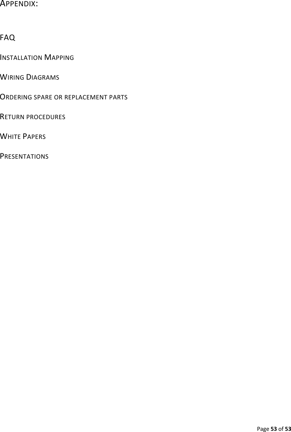 Page53of53APPENDIX:FAQINSTALLATIONMAPPINGWIRINGDIAGRAMSORDERINGSPAREORREPLACEMENTPARTSRETURNPROCEDURESWHITEPAPERSPRESENTATIONS