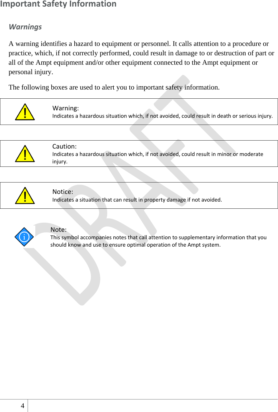  4   ImportantSafetyInformationWarningsA warning identifies a hazard to equipment or personnel. It calls attention to a procedure or practice, which, if not correctly performed, could result in damage to or destruction of part or all of the Ampt equipment and/or other equipment connected to the Ampt equipment or personal injury. The following boxes are used to alert you to important safety information.  Warning:Indicatesahazardoussituationwhich,ifnotavoided,couldresultindeathorseriousinjury.  Caution:Indicatesahazardoussituationwhich,ifnotavoided,couldresultinminorormoderateinjury.  Notice:Indicatesasituationthatcanresultinpropertydamageifnotavoided.  Note:ThissymbolaccompaniesnotesthatcallattentiontosupplementaryinformationthatyoushouldknowandusetoensureoptimaloperationoftheAmptsystem.   
