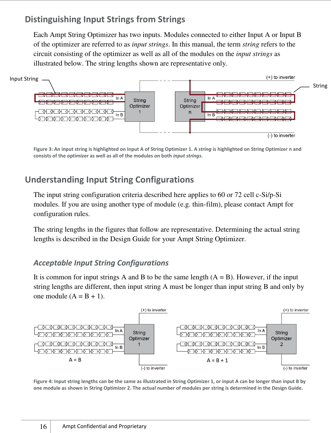    16 Ampt Confidential and Proprietary  Distinguishing Input Strings from Strings Each Ampt String Optimizer has two inputs. Modules connected to either Input A or Input B of the optimizer are referred to as input strings. In this manual, the term string refers to the circuit consisting of the optimizer as well as all of the modules on the input strings as illustrated below. The string lengths shown are representative only.  Figure 3: An input string is highlighted on Input A of String Optimizer 1. A string is highlighted on String Optimizer n and consists of the optimizer as well as all of the modules on both input strings. Understanding Input String Configurations The input string configuration criteria described here applies to 60 or 72 cell c-Si/p-Si modules. If you are using another type of module (e.g. thin-film), please contact Ampt for configuration rules. The string lengths in the figures that follow are representative. Determining the actual string lengths is described in the Design Guide for your Ampt String Optimizer. Acceptable Input String Configurations It is common for input strings A and B to be the same length (A = B). However, if the input string lengths are different, then input string A must be longer than input string B and only by one module (A = B + 1).   Figure 4: Input string lengths can be the same as illustrated in String Optimizer 1, or input A can be longer than input B by one module as shown in String Optimizer 2. The actual number of modules per string is determined in the Design Guide. Input String String  A = B A = B + 1 
