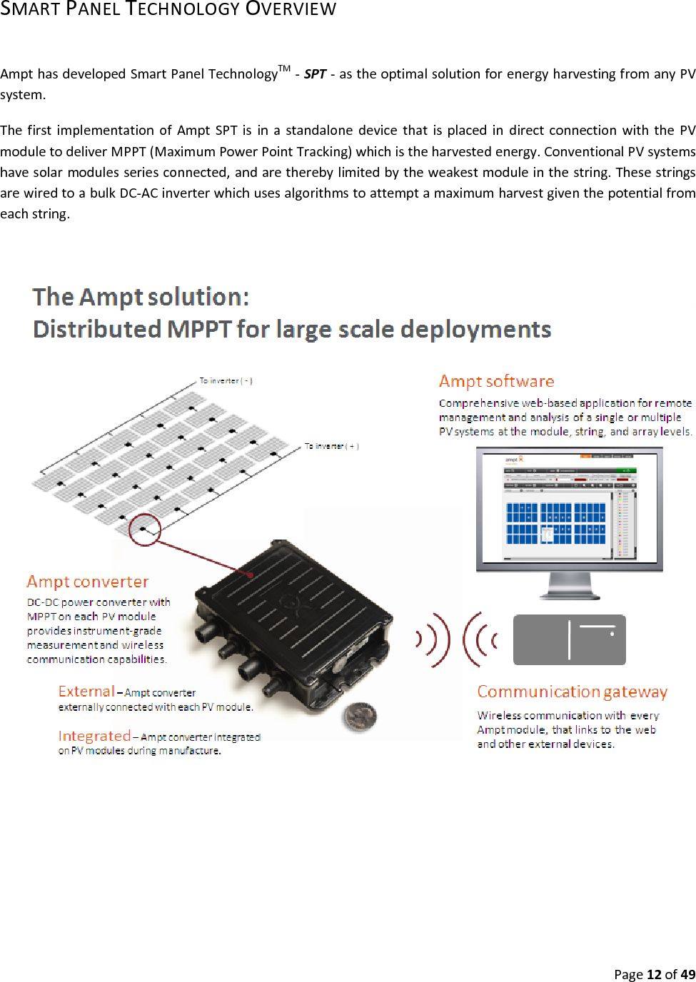 Page12of49SMARTPANELTECHNOLOGYOVERVIEWAmpthasdevelopedSmartPanelTechnologyTM‐SPT‐astheoptimalsolutionforenergyharvestingfromanyPVsystem.ThefirstimplementationofAmptSPTisinastandalonedevicethatisplacedindirectconnectionwiththePVmoduletodeliverMPPT(MaximumPowerPointTracking)whichistheharvestedenergy.ConventionalPVsystemshavesolarmodulesseriesconnected,andaretherebylimitedbytheweakestmoduleinthestring.ThesestringsarewiredtoabulkDC‐ACinverterwhichusesalgorithmstoattemptamaximumharvestgiventhepotentialfromeachstring.