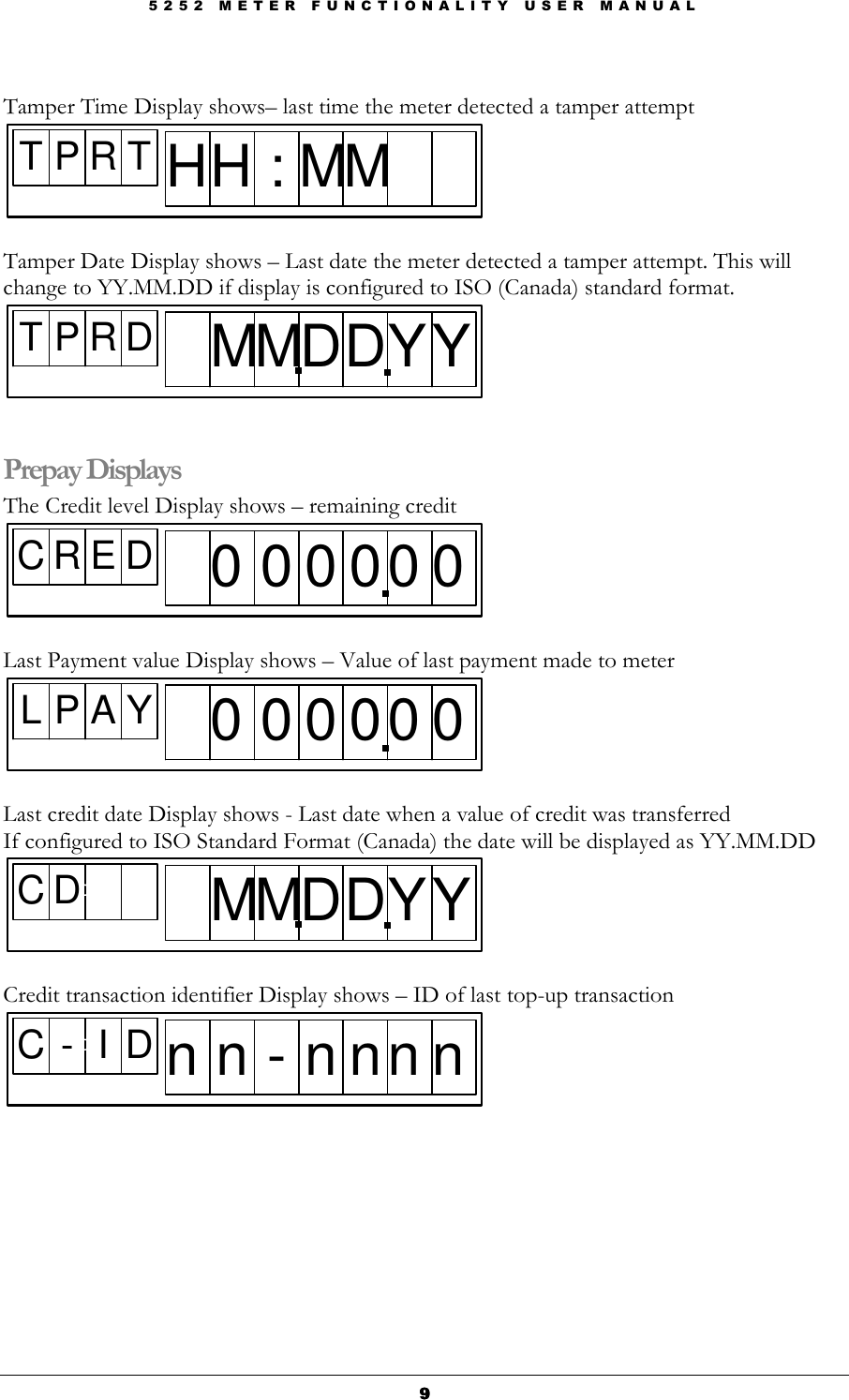 5 2 5 2   M E T E R   F U N C T I O N A L I T Y   U S E R   M A N U A L  9999  Tamper Time Display shows– last time the meter detected a tamper attempt T P R T HH : MM  Tamper Date Display shows – Last date the meter detected a tamper attempt. This will change to YY.MM.DD if display is configured to ISO (Canada) standard format. T P R D MMDDY Y  Prepay Displays The Credit level Display shows – remaining credit C R E D 0 0 0 0 0 0  Last Payment value Display shows – Value of last payment made to meter L P A Y 0 0 0 0 0 0  Last credit date Display shows - Last date when a value of credit was transferred If configured to ISO Standard Format (Canada) the date will be displayed as YY.MM.DD C DDMMDDY Y  Credit transaction identifier Display shows – ID of last top-up transaction C - I DDn n - n n n n         