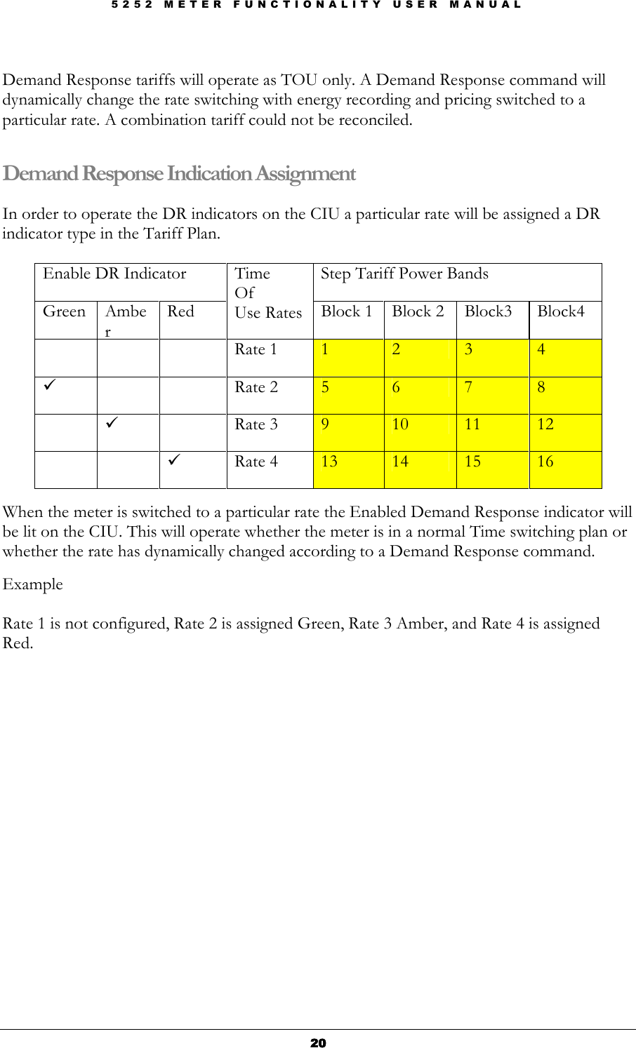 5 2 5 2   M E T E R   F U N C T I O N A L I T Y   U S E R   M A N U A L  20202020  Demand Response tariffs will operate as TOU only. A Demand Response command will dynamically change the rate switching with energy recording and pricing switched to a particular rate. A combination tariff could not be reconciled.  Demand Response Indication Assignment  In order to operate the DR indicators on the CIU a particular rate will be assigned a DR indicator type in the Tariff Plan.  Enable DR Indicator  Step Tariff Power Bands Green Amber Red Time Of Use Rates Block 1 Block 2  Block3  Block4       Rate 1  1  2  3  4      Rate 2  5  6  7  8     Rate 3  9  10  11  12      Rate 4  13  14  15  16  When the meter is switched to a particular rate the Enabled Demand Response indicator will be lit on the CIU. This will operate whether the meter is in a normal Time switching plan or whether the rate has dynamically changed according to a Demand Response command.  Example  Rate 1 is not configured, Rate 2 is assigned Green, Rate 3 Amber, and Rate 4 is assigned Red.                       